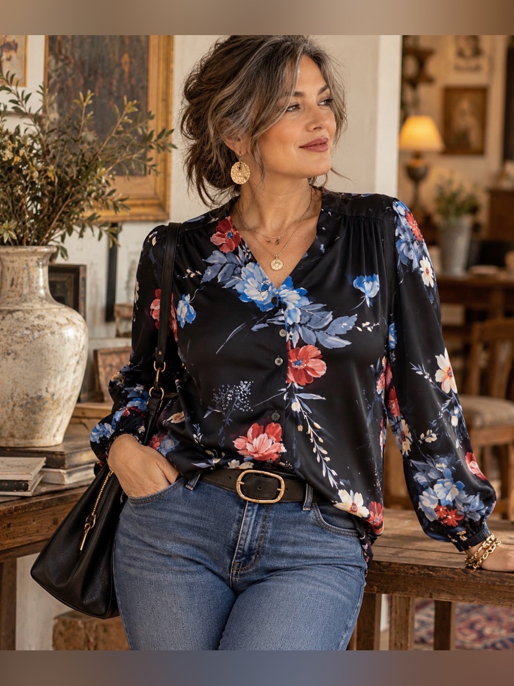 Vintage 70’s - California Patterns- Bold Floral - Silky Black Blouse